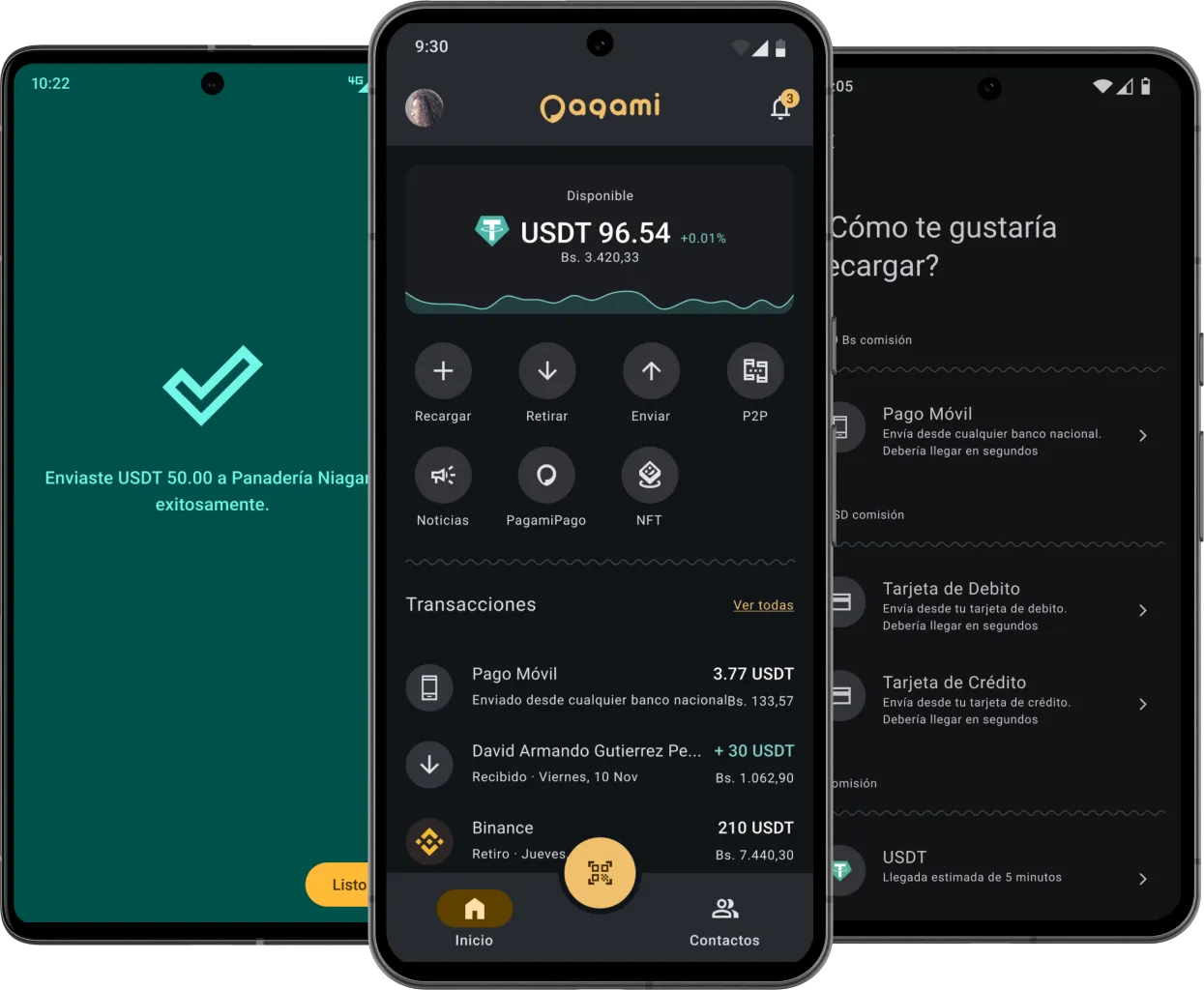 Tres teléfonos inteligentes que muestran diferentes vistas de la aplicación Pagami Wallet