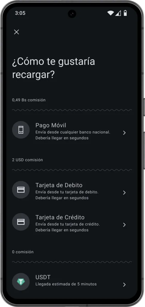 Teléfono que muestra las diferentes formas de recargar en Pagami Wallet