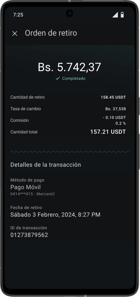 Teléfono que muestra una orden de retiro en Pagami Wallet